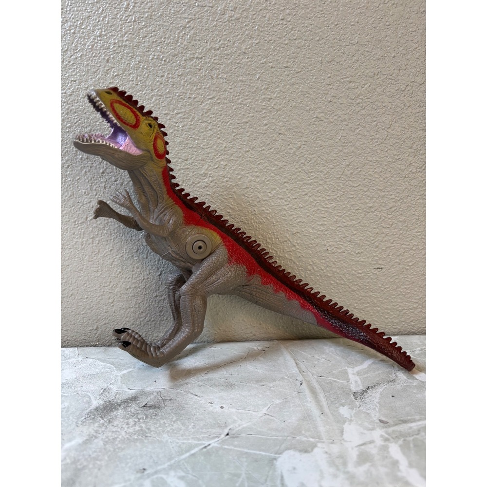Roaring 12"‎ Long Plastic Dinosaur Action Figure - Scales Gray Yellow Green Red